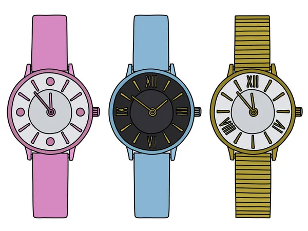 Die Handzeichnung Von Drei Farbigen Wonans Armbanduhren — Stockvektor