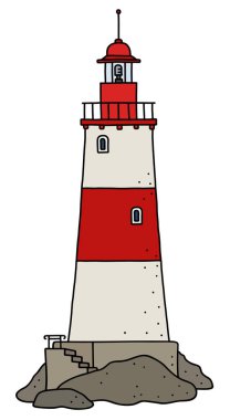 Vectorized el bir komik eski kırmızı ve beyaz taş deniz feneri çizimi
