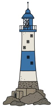 Vectorized el bir komik eski mavi ve beyaz taş deniz feneri çizimi