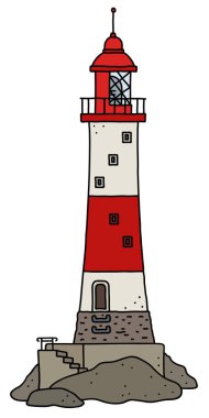 Vectorized el bir komik eski kırmızı ve beyaz taş deniz feneri çizimi