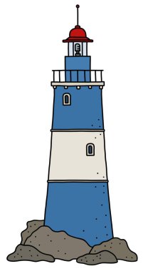 Vectorized el bir komik eski mavi ve beyaz taş deniz feneri çizimi