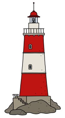 Vectorized el bir komik eski kırmızı ve beyaz taş deniz feneri çizimi