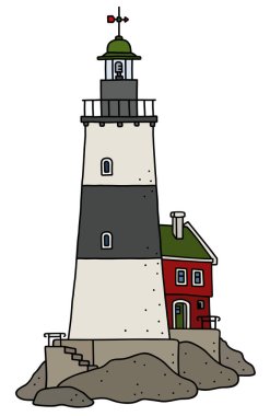 Vectorized el bir komik eski siyah beyaz taş deniz feneri çizimi