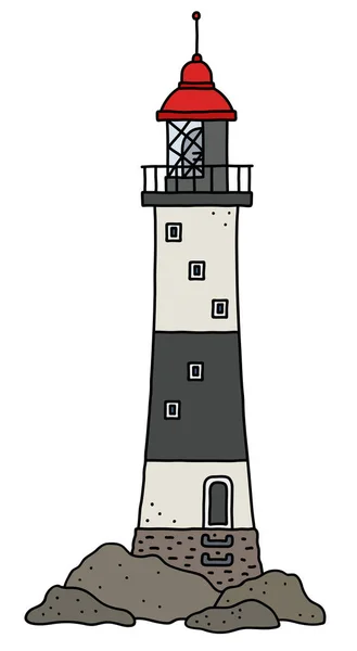 Die Vektorisierte Handzeichnung Eines Lustigen Alten Leuchtturms Aus Schwarzem Und — Stockvektor