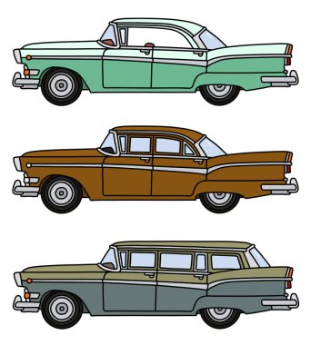 Vectorized el üç komik eski büyük Amerikan otomobil çizimi