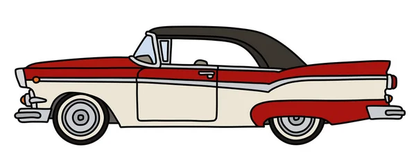 Die Vektorisierte Handzeichnung Eines Lustigen Alten Rot Weißen Amerikanischen Autos — Stockvektor