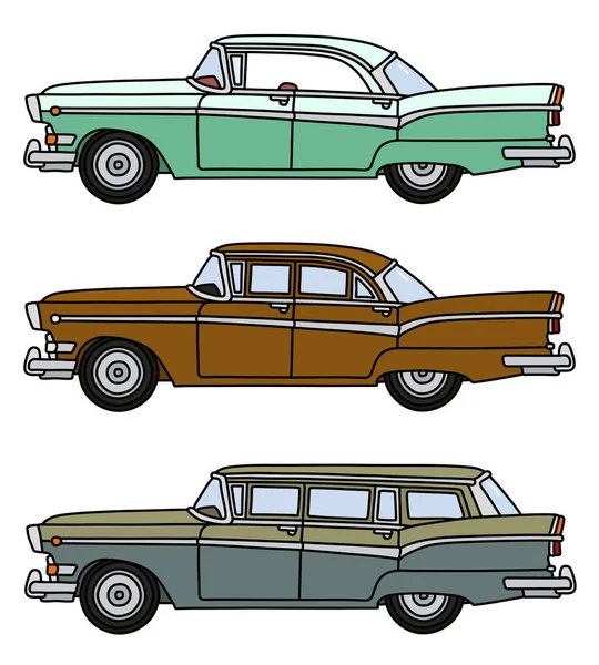 Vektorových Ruka Kreslení Tři Vtipné Starých Velkých Amerických Automobilů — Stockový vektor