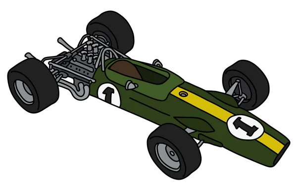 Desenho Mão Vetorizado Uma Fórmula Verde Amarela Retro Racecar — Vetor de Stock