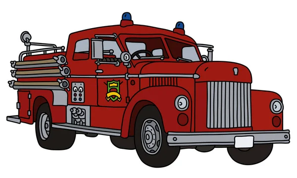 古い赤い火トラックの描画ベクトル化された手 — ストックベクタ