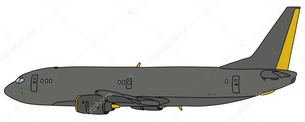 The vectorized hand drawing of a gray military big jet airplane