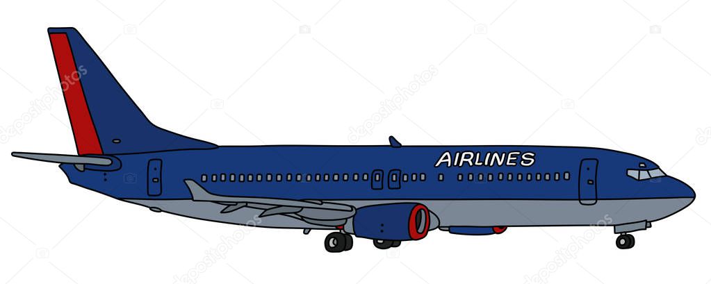 The vectorized hand drawing of a dark blue jet airliner
