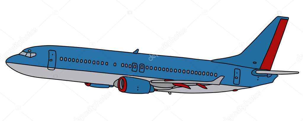 The vectorized hand drawing of a sky blue jet airliner