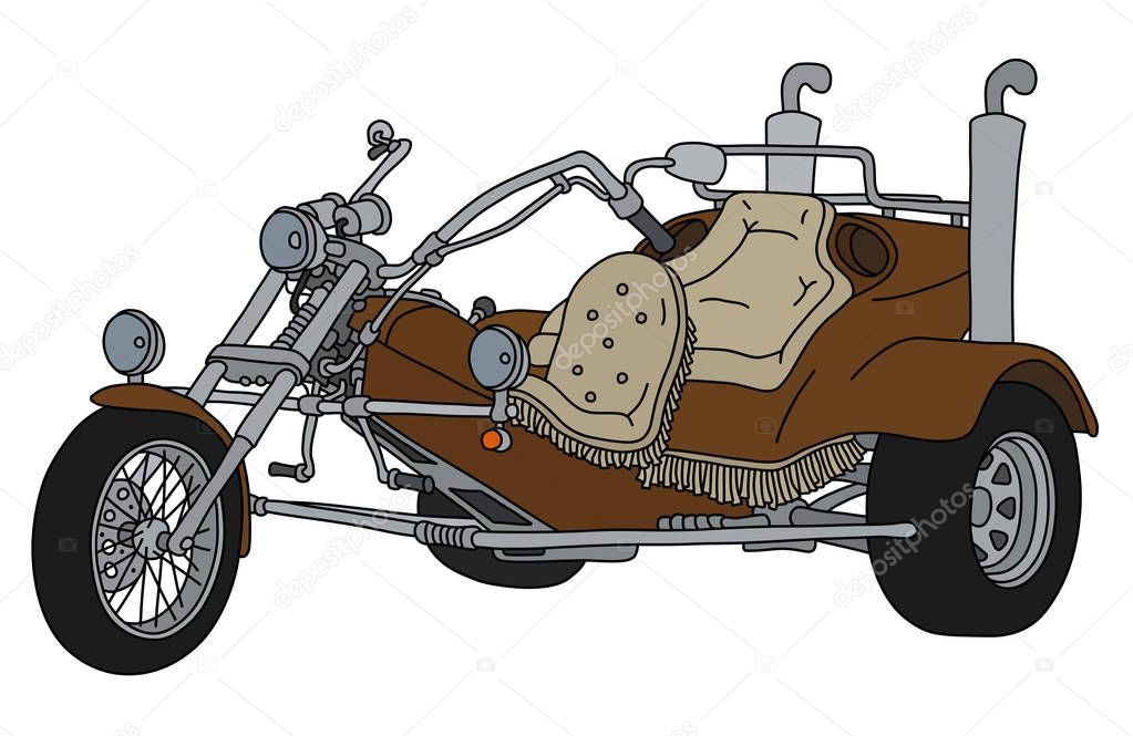 The hand drawing of a brown heavy motor tricycle