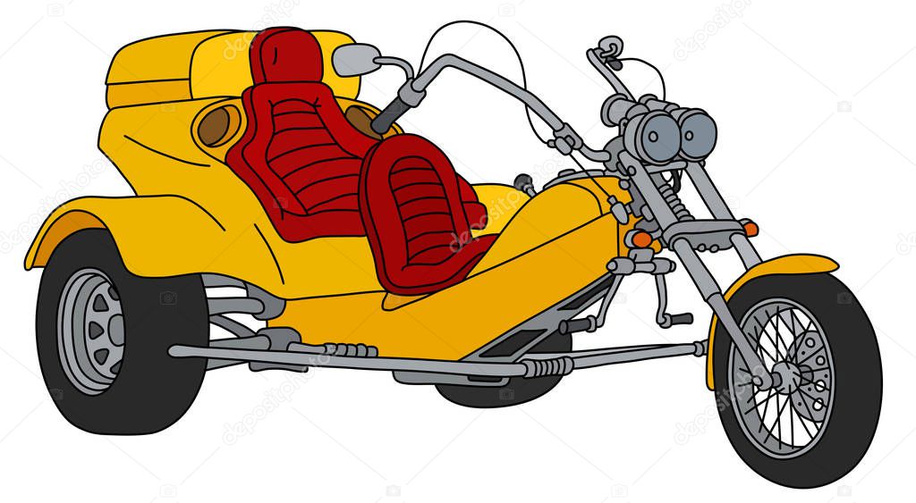 The hand drawing of a yellow heavy motor tricycle