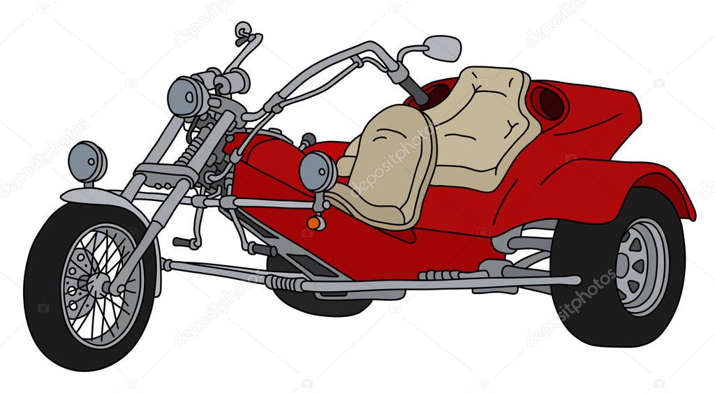 The hand drawing of a red heavy motor tricycle