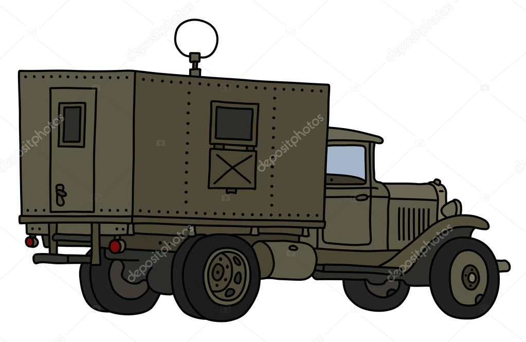 The vectorized hand drawing of an old military radio truck