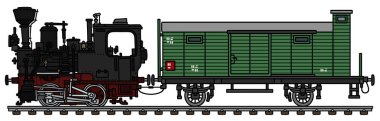 Vectorized el vintage siyah küçük buharlı lokomotif ve yeşil yük vagonu çizimi