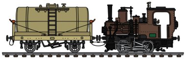 Bir Vintage kahverengi küçük buharlı lokomokimya ve tank arabası vectorized el çizim