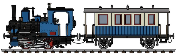 Die Vektorisierte Handzeichnung Einer Alten Blauen Kleinen Dampflokomotive Und Des — Stockvektor