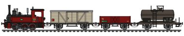 Vectorized el bir vintage kırmızı küçük yük buhar tren çizimi