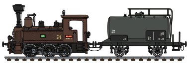 Vintage kahverengi küçük buharlı lokomotif bir tank vagon ile çizim vectorized el