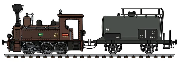 ベクトル化された手描きのタンク貨車付きヴィンテージ ブラウン小さな蒸気機関車の — ストックベクタ