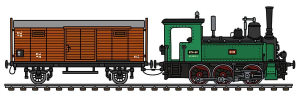 一辆货车的老式绿色小蒸汽机车的矢量手绘 — 图库矢量图片