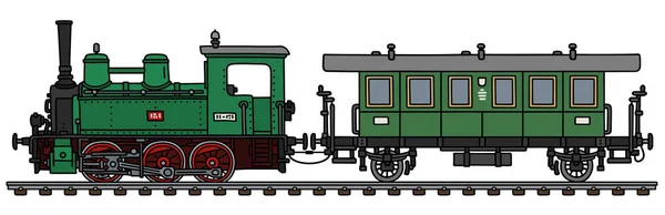 一辆带有绿色客车的老式绿色小蒸汽机车的矢量手绘 — 图库矢量图片