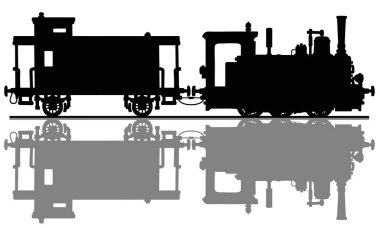 Vintage küçük buharlı lokomotif ve sonrası vagon siyah silüeti