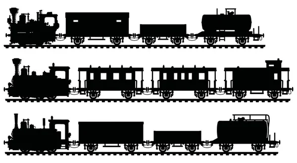 Die Schwarzen Silhouetten Dreier Historischer Dampfzüge — Stockvektor