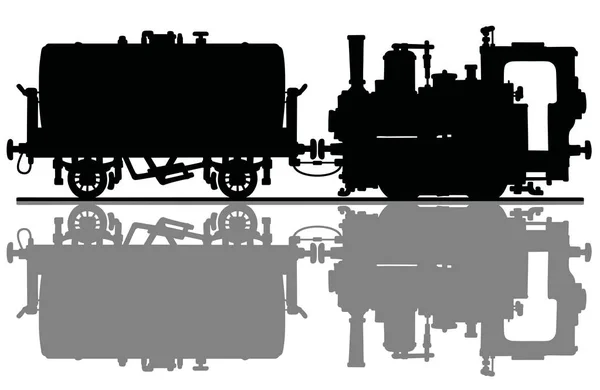 Die Schwarze Silhouette Einer Historischen Kleinen Dampflokomotive Und Der Kesselwagen — Stockvektor