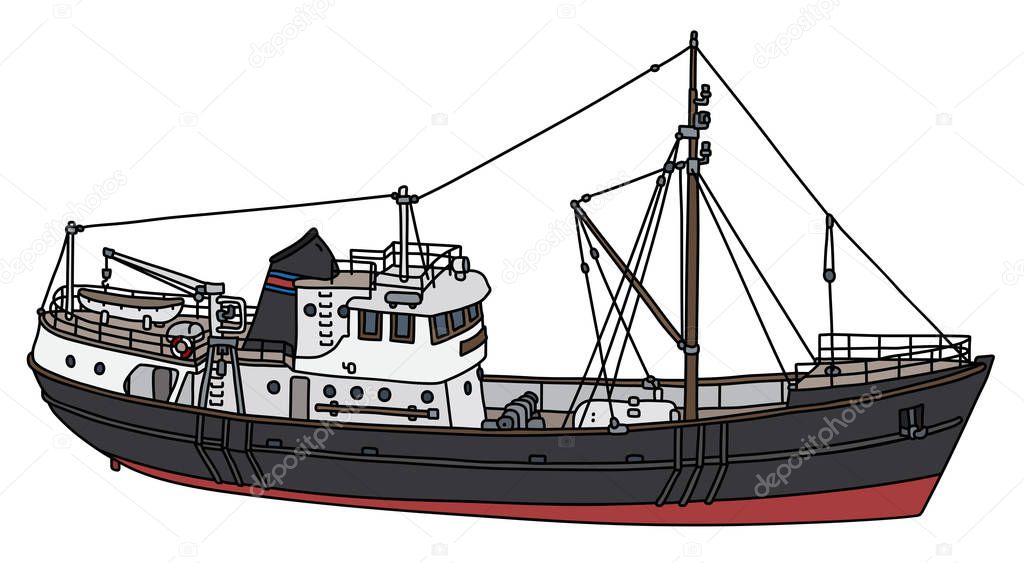 The vectorized hand drawing of a black motor boat