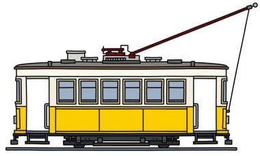 Retro sarı ve beyaz tramvay