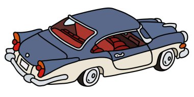 Komik eski mavi ve beyaz Amerikan araba vectorized el çizim