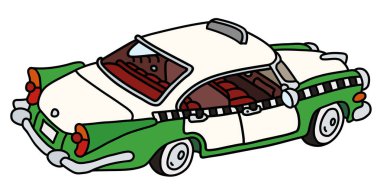 Komik eski yeşil ve beyaz taksi vectorized el çizim