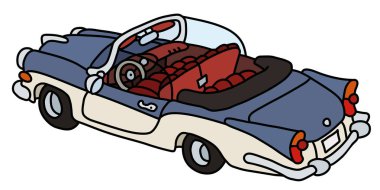 Komik bir eski mavi ve beyaz Amerikan Convertible çizim vectorized el