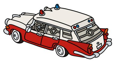 Komik eski kırmızı ve beyaz ambulans vectorized el çizim
