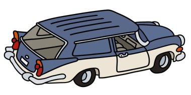 Komik bir eski mavi ve beyaz istasyon vagon vectorized el çizim