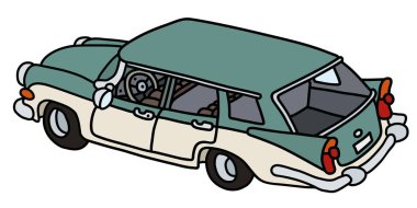 Komik bir eski yeşil ve beyaz istasyon vagon vectorized el çizim
