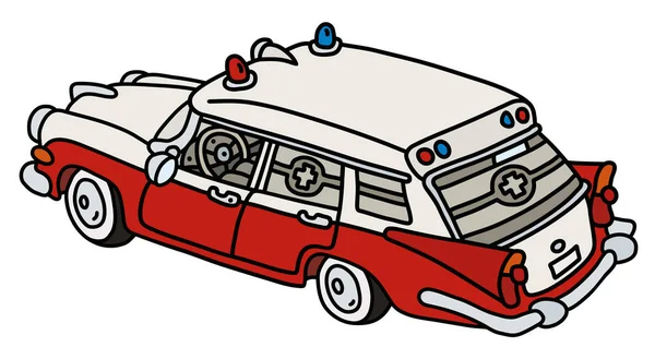 Disegno Vettoriale Mano Una Divertente Vecchia Ambulanza Rossa Bianca — Vettoriale Stock