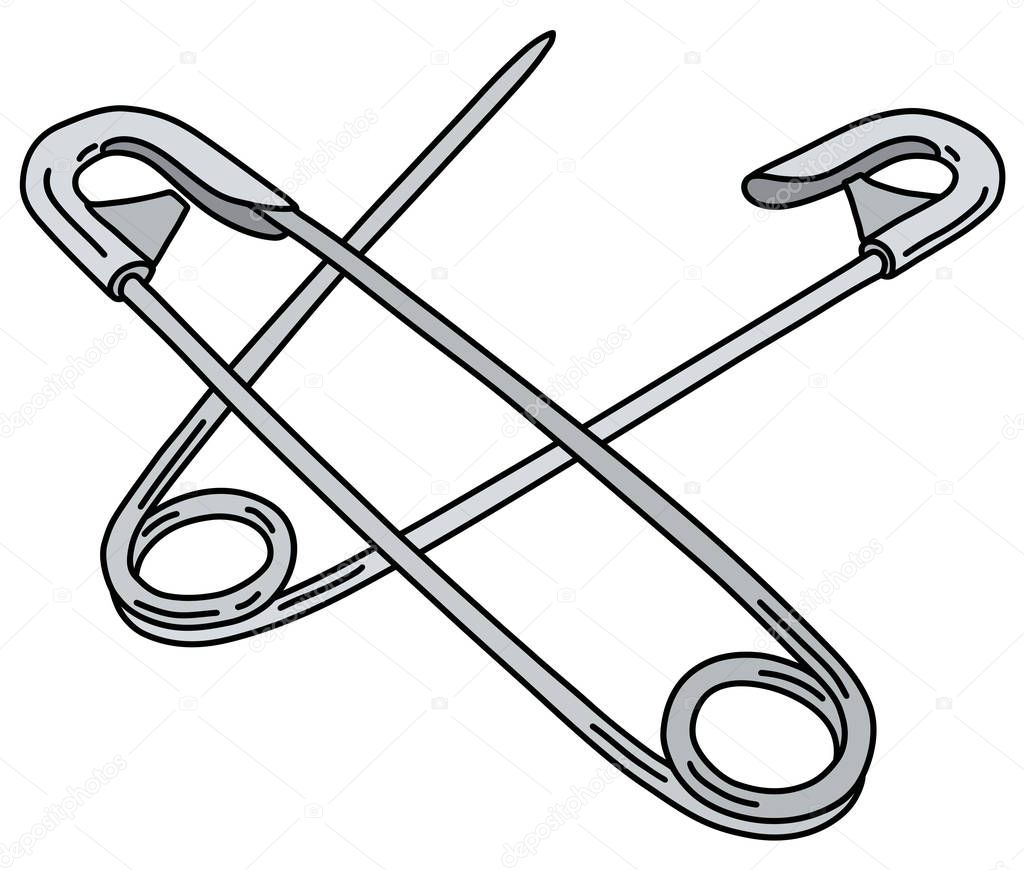 The vectorized hand drawing of two classic steel safety pins