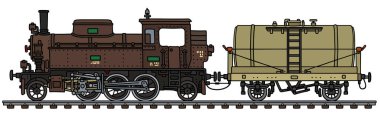 Bir vintage kahverengi buharlı lokomotif ve bir tank vagon vektörel el çizim