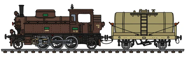 ヴィンテージ茶色の蒸気機関車とタンクワゴンのベクトル化された手描き — ストックベクタ