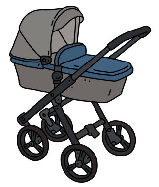 Mavi ve gri bebek arabasının vektörleştirilmiş el çizimi