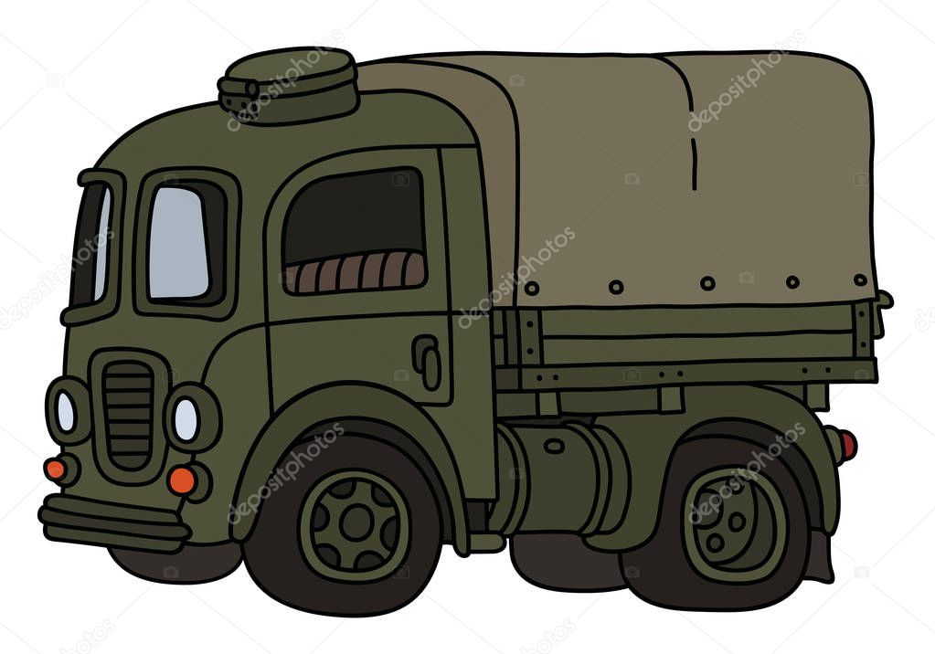 The vectorized hand drawing of a classic khaki military truck