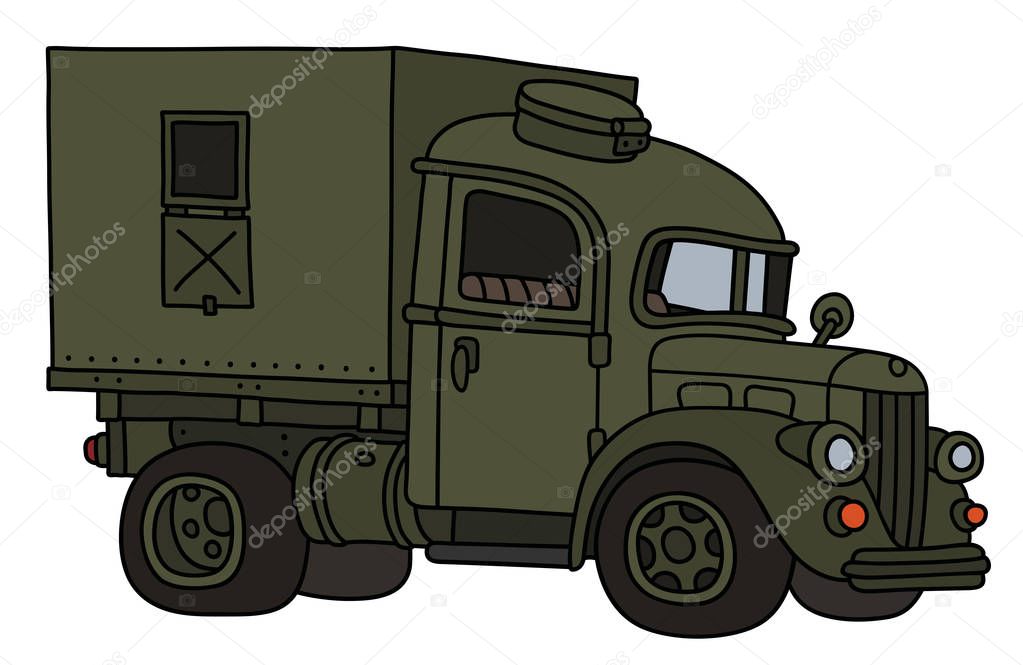 The vectorized hand drawing of a classic green military truck