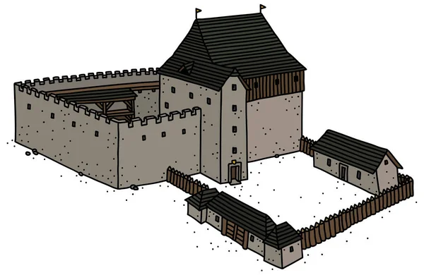 Διανυσματικό Σχέδιο Του Χεριού Ενός Παλιού Πέτρινου Κάστρου Ξύλινη Παλίσσα — Διανυσματικό Αρχείο