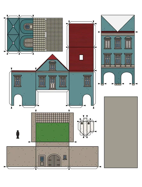 Векторизированный Ручной Рисунок Бумажной Модели Старого Синего Городского Бургерного Дома — стоковый вектор