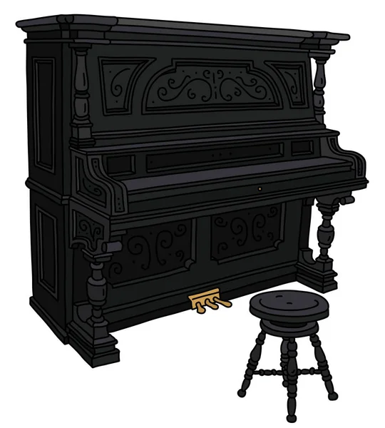 Dessin Main Vectorisé Pianino Noir Vintage Fermé Avec Une Chaise — Image vectorielle