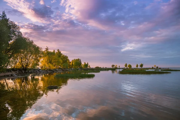 Sommarkväll landskap sjö med tallar på stranden, Ryssland, juni — Stockfoto